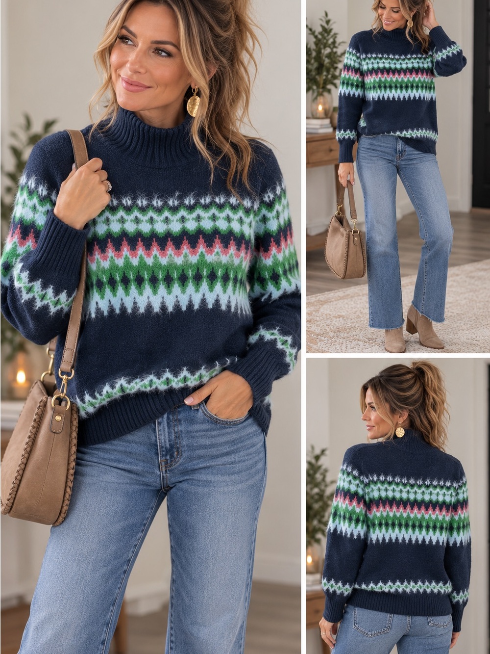 Free Assembly Fair Isle Fuzzy Sweater Women’s Small Navy Mock Neck NWOT